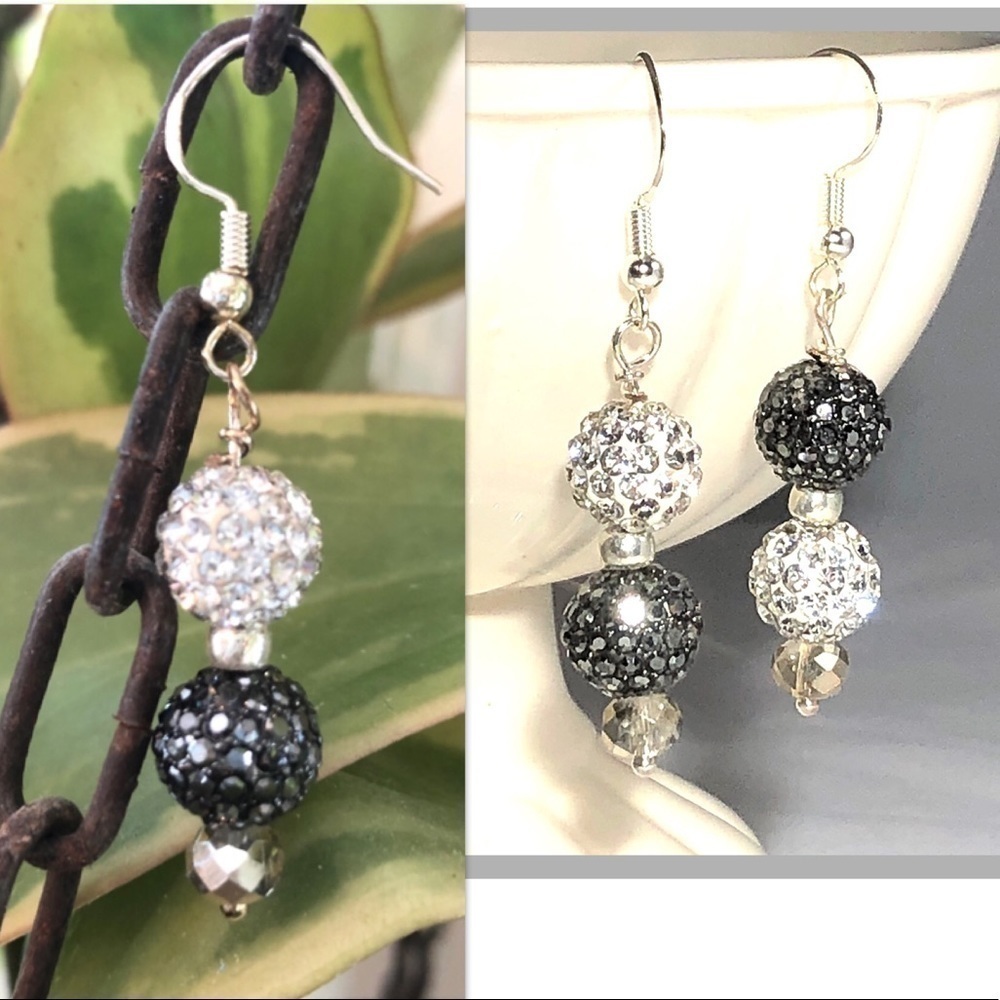 Sterling sterling earrings crystal black white & black DAZZLE balls stunning - Picture 2 of 8